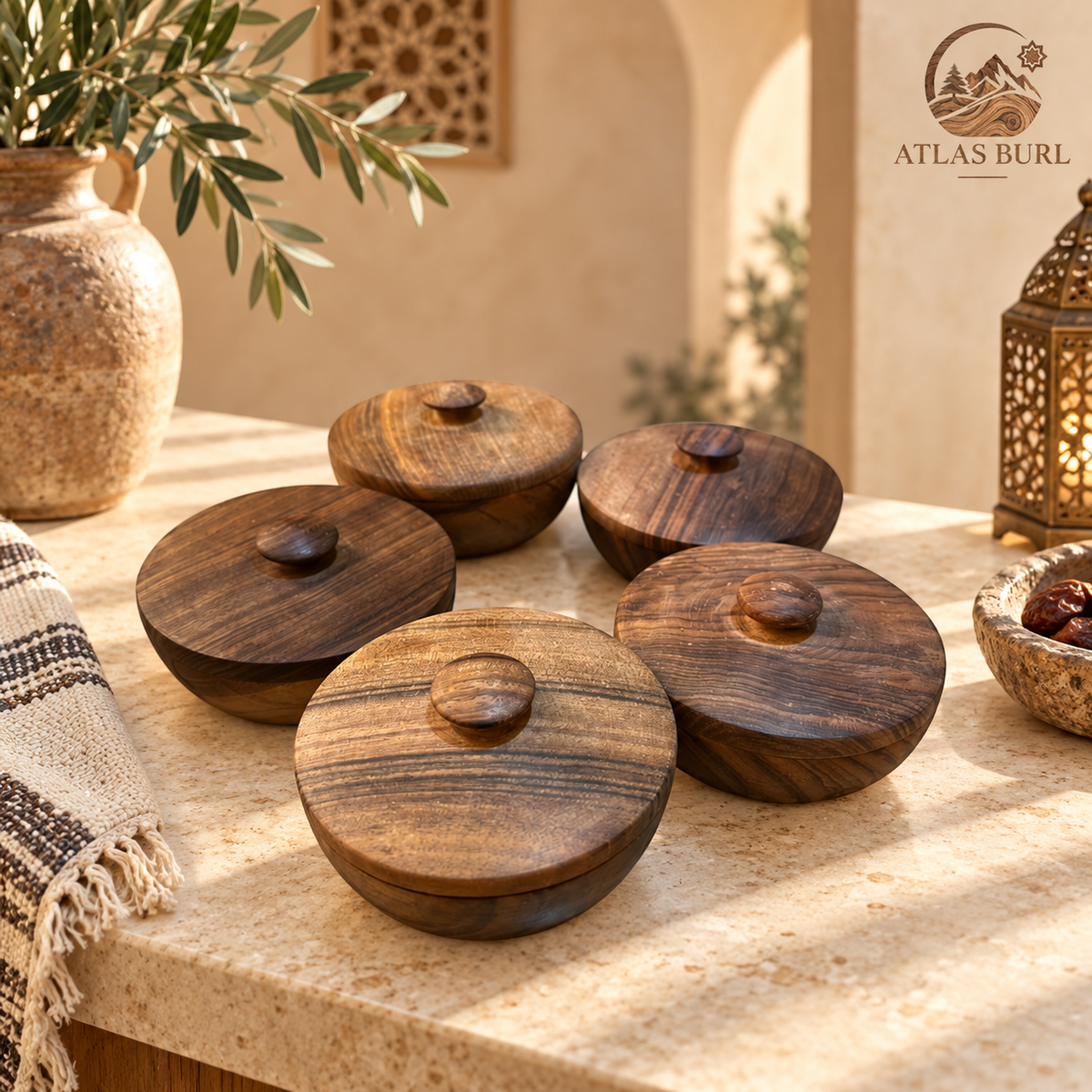 علب تخزين بغطاء من خشب الجوز